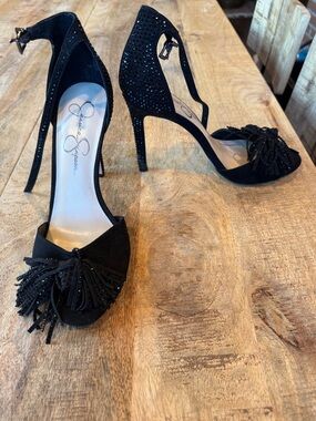 Jessica Simpson Black Crystal-Embellished Open-Toe Stiletto Heels